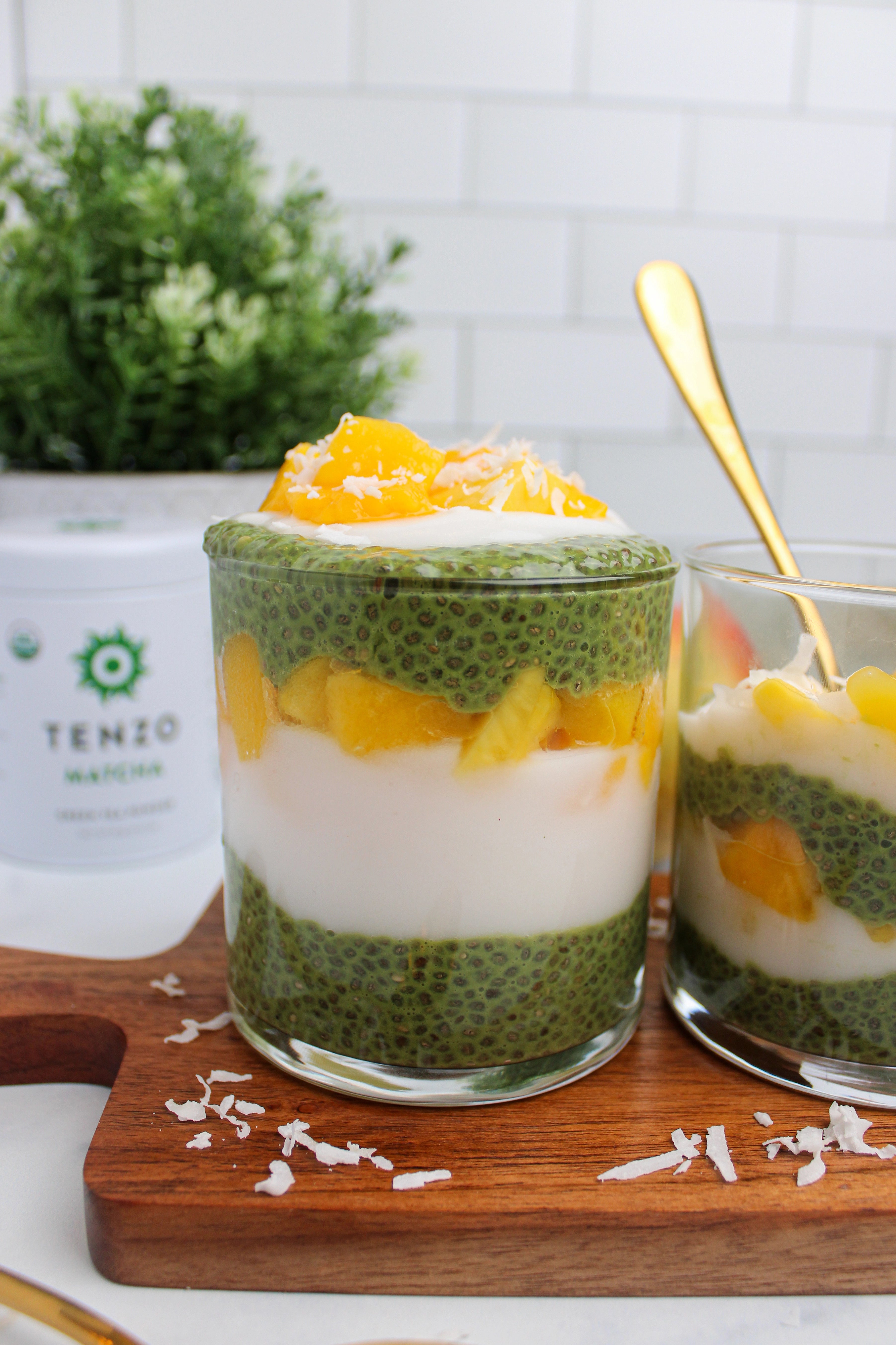 Matcha Chia Pudding Parfait with Coconut Yogurt and Mango