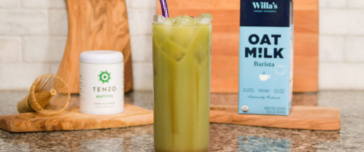  Matcha Green Tea with oat milk healthy beverage.