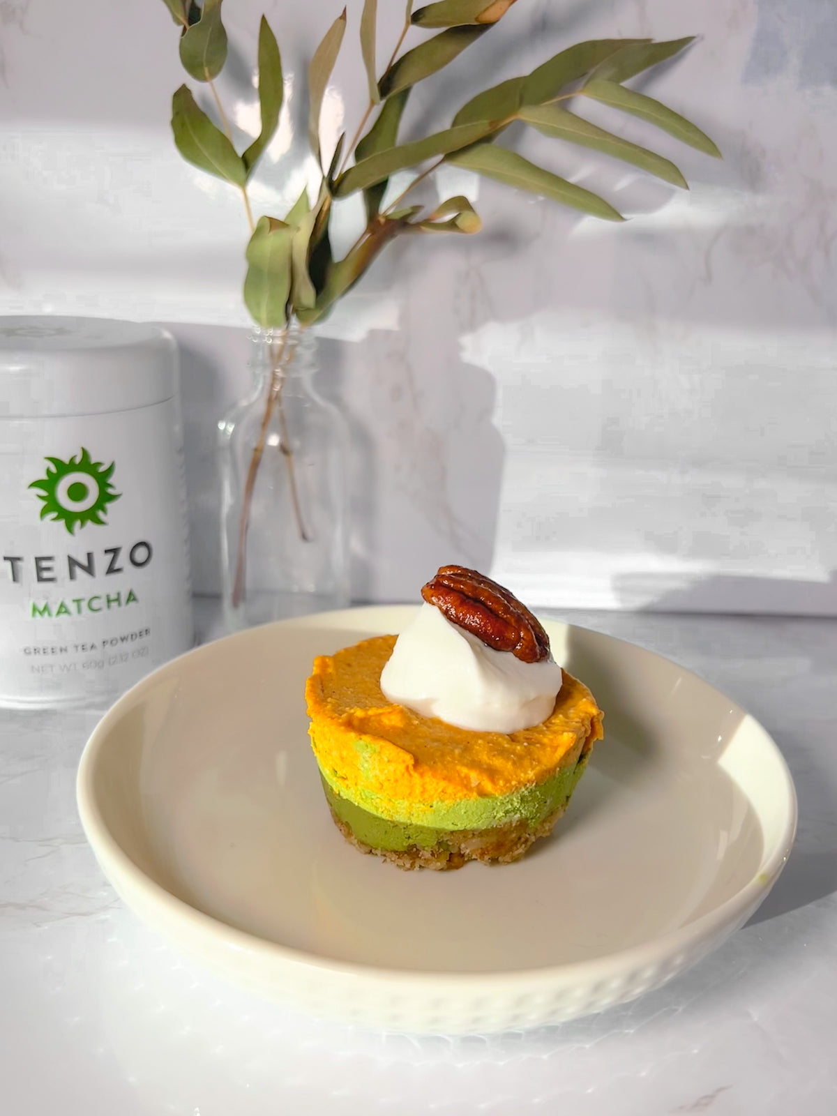 Mini Matcha Vegan Pumpkin Pie Cheesecakes