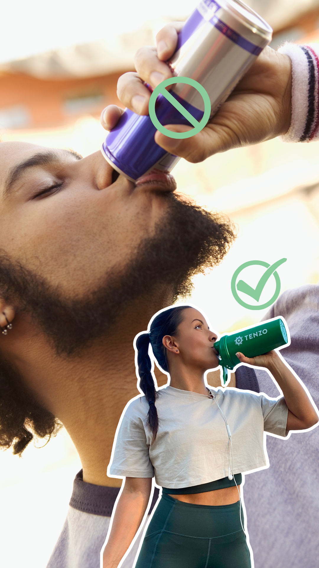 Drinking Tenzo matcha is better than drinking energy drinks. Man and woman each drinking one.