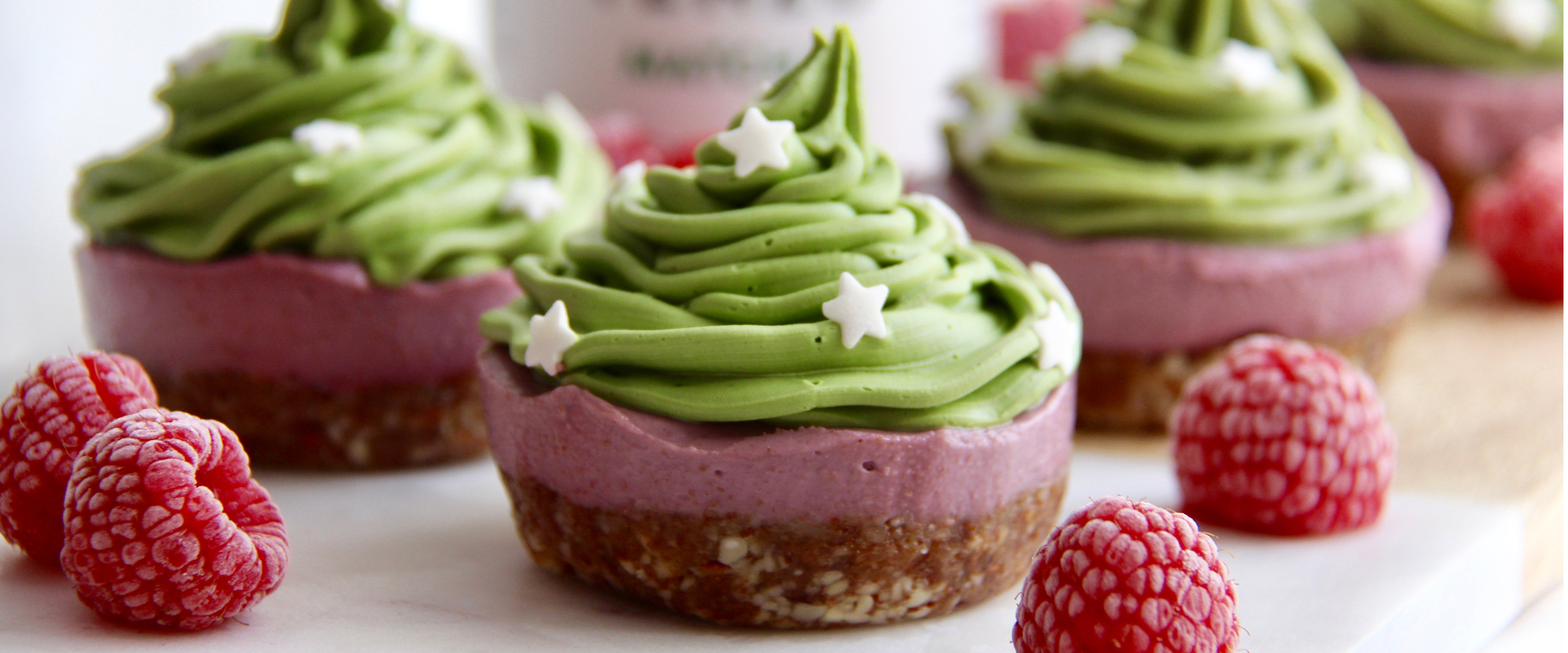 Mini Raw Vegan Matcha and Raspberry Cheesecakes