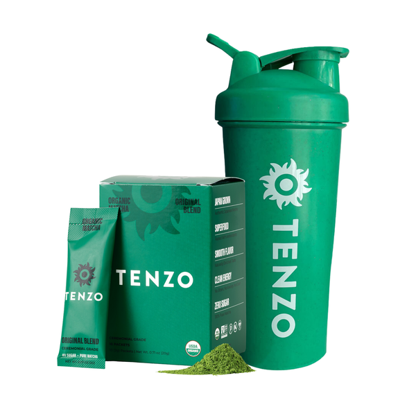 Green TENZO shaker bottle with Original Single Serve on a white background View 1