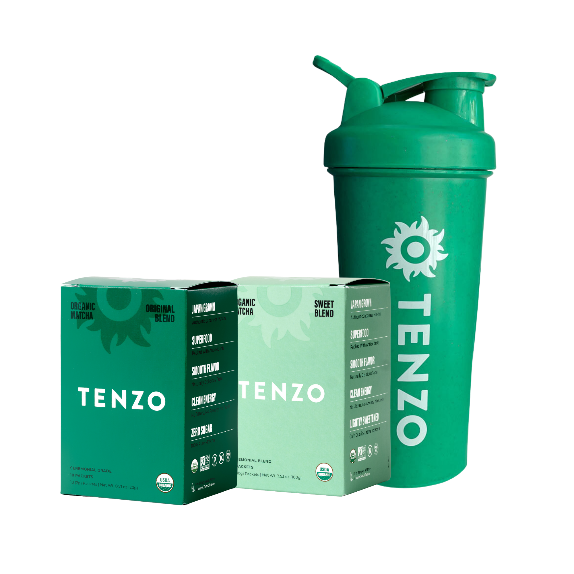 Green TENZO shaker bottle with Sweet Blend and Original Single Serve  Packets on a white background View 1