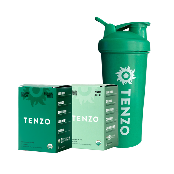 Green TENZO shaker bottle with Sweet Blend and Original Single Serve  Packets on a white background View 1
